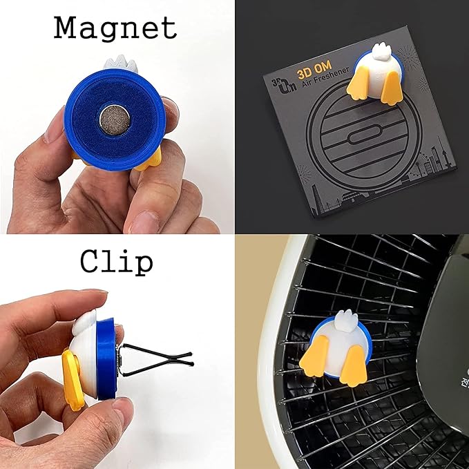 3D OM, Air Freshener Duck(blue) for car, Stylish Fun-3D Printing Plastic (eco PLA), Magnet and Clip Attach to various Objects(Car, Air-cleaner, Fridge, Microwave, Shelf) Solution is not included