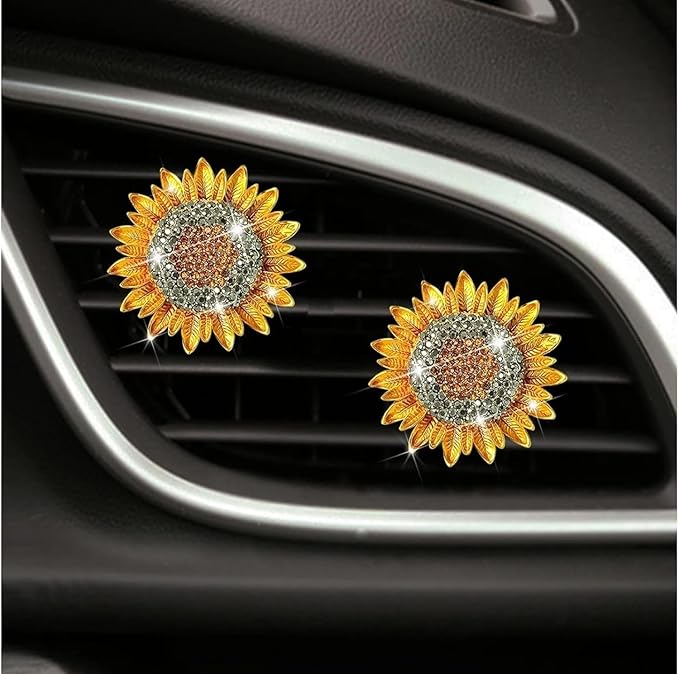 Bling Sunflower Air Vent Clips,Golden Sunflower Car Air Fresheners Vent Clips Diffuser Diamond Decoration Rhinestone Car Interior Decor Cute Accessories for Women Interior Accessories