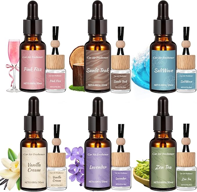 12 Pack Car Air Freshener & Refills, 6-Scent Hanging Air Freshener Diffuser Set -Each(8ml +20ml Refill), Essential Oil Diffuser With Refill Bottles, Reusable Car Fragrance Decor Accessories