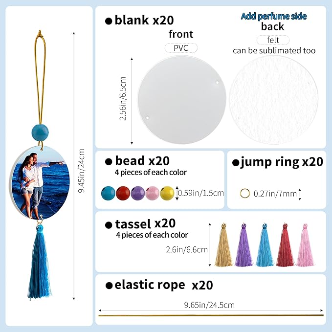 AOUXSEEM Sublimation Air Freshener Blanks with Tassels, PVC & Felt Heat Transfer Material for DIY Photo Car Rearview Mirror Scented Hanging Fragrant, Closet Aroma, Vivid Firm and Not Fray (20)