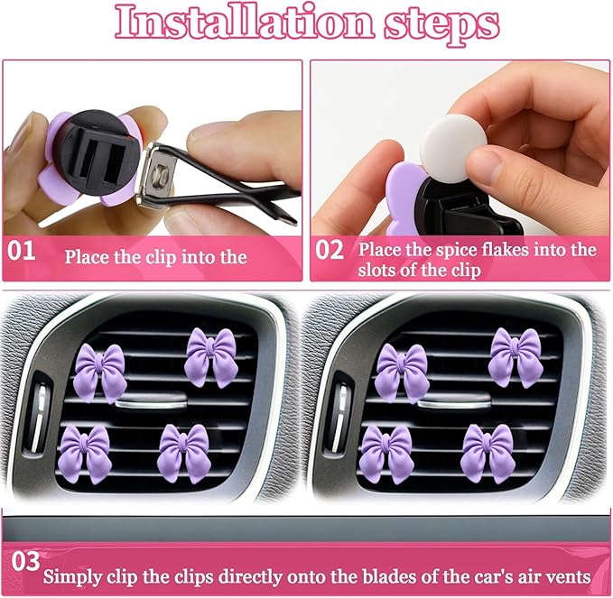 4PCS Bow Car Air Freshener Clips, Cute Girly Bow Car Air Vent Clip, Car Decor Accessories Interior Aesthetic Decorations Charm Stuff for Women Gir (Purple, 1.69in)