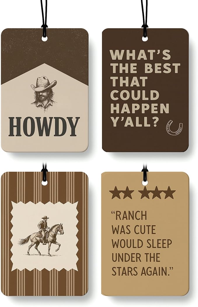Vintage Western Car Air Freshener 4 Pcs Coconut Scented, Inspirational Rodeo Cowboy Car Accessories Mirror Decor for Women, Howdy Western Hanging Air Freshener for Cars Closet Drawer Books