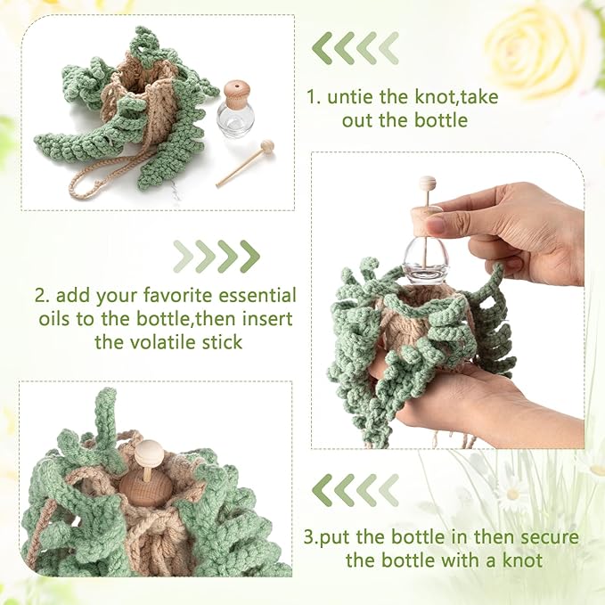 Cute Crochet Plant Car Freshener 12ml Empty Refillable Diffuser Bottle with Plants Hanging Accessories for Rearview Mirror Home Office Decor Women Mother's Day Gifts(Fern)