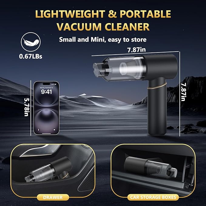 Car Vacuum Portable Cordless with 15000Pa Strong Suction, Handheld Vacuum Cleaner 4-in-1 Cordless Vacuum with 2 Suction Modes,Type-C & HEPA Filter- Lightweight(1.25lbs) for Car, Home, Pet Hair