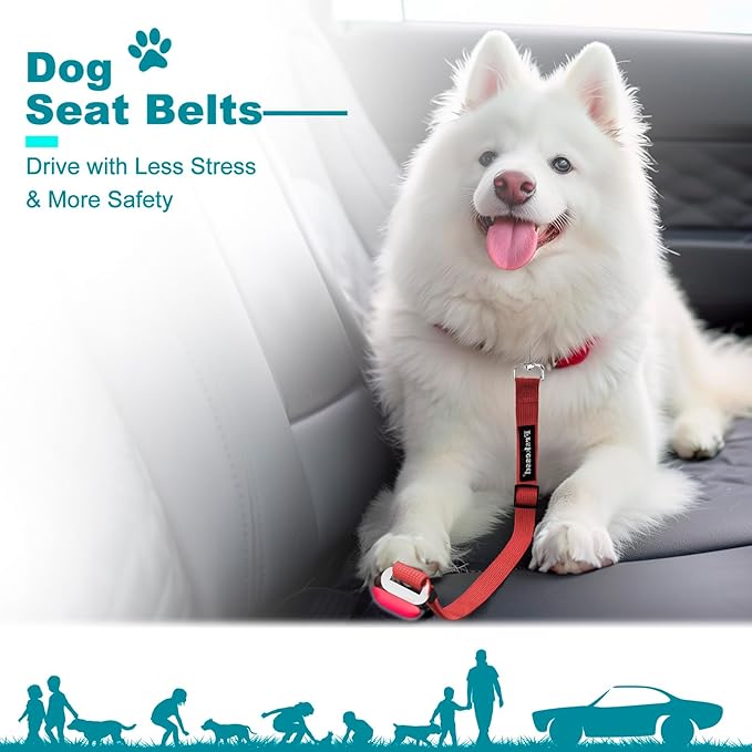 2 PCS Dog Seat Belt for Car Frskcssd Adjustable Dog Car Harness Heavy Duty Nylon Dogs Safety Seat Belt (Black+Red)