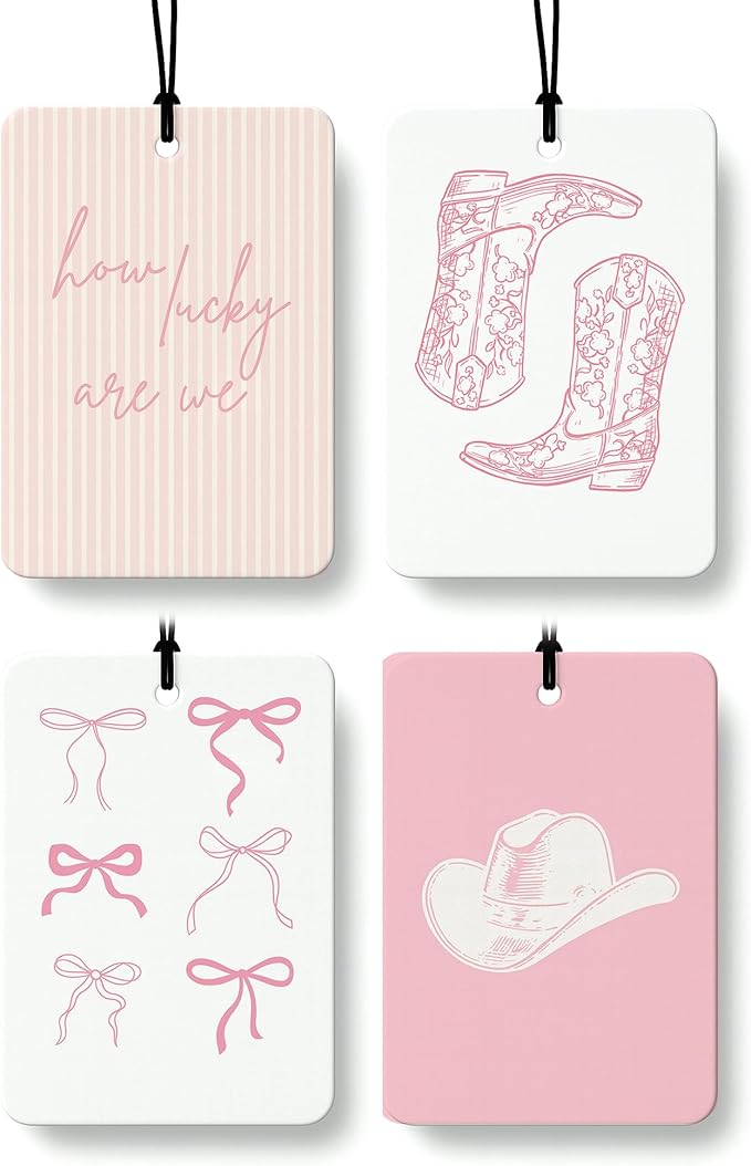 Pink Western Car Air Freshener 4 Pcs Coconut Scented, Coquette Preppy Pink Cowgirl Car Accessories Mirror Decor for Women, How Lucky are We Hanging Air Freshener for Cars Closet Drawer Books