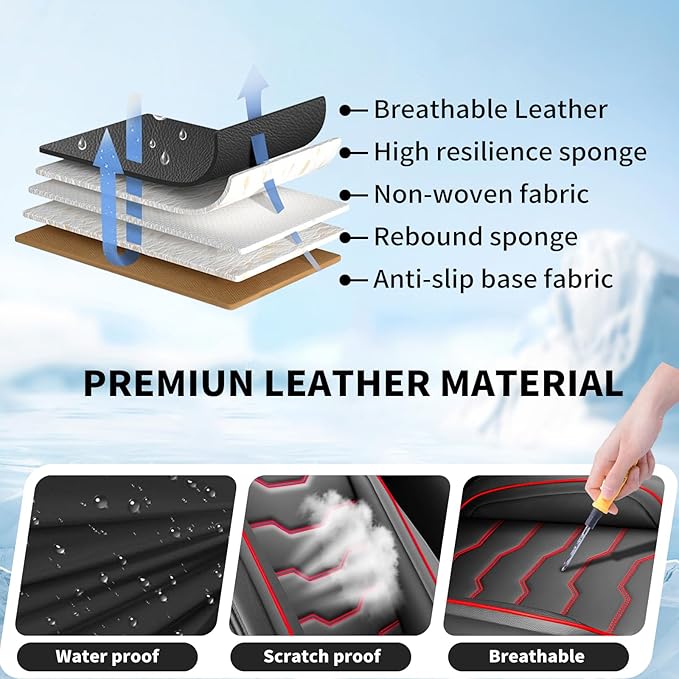 Fit Versa Car Seat Covers Compatible with Nissan Versa 2008-2025 2026 - Premium Leather，Waterproof Breathable，All-Weather Seat Cushion Protecto&Airbag Compatible (2 Front Seat Red Line Black)