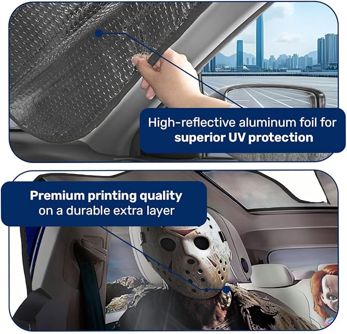 GENANY Horror Movie Character Windshield Sun Shade for Car SUV Truck (64x32 inches), Sun Shade Windshield for Windows, Protector Blocks UV, Halloween Car Decor