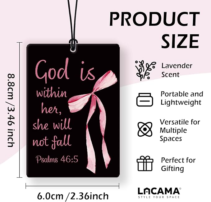 Lacama Christian Car Air Freshener 3Pcs，Coquette Pink and Black Bow Christian Bible Verse Cars Scents Air Freshener for Women Girls Gifts, Religious Car Accessories Interior Mirror Decor Hanging