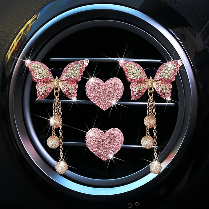 Pink Heart & Butterfly Air Vent Clips, 4 Pcs Bling Heart & Butterfly Air Fresheners Vents Clips Diamond Car Interior Decor Bling Cute Pink Car Accessories Decoration for Women + Heart Mask Hook