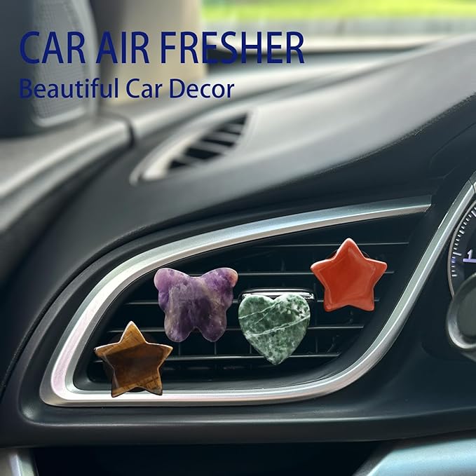 Boho Car Decor,4pcs Natural Stone Car Air Freshener Vent Clips,Butterfly Stars Heart Crystal Stones Dashboard Decoations Hippie Accessories for Women,Best Wishes for Lover Friends