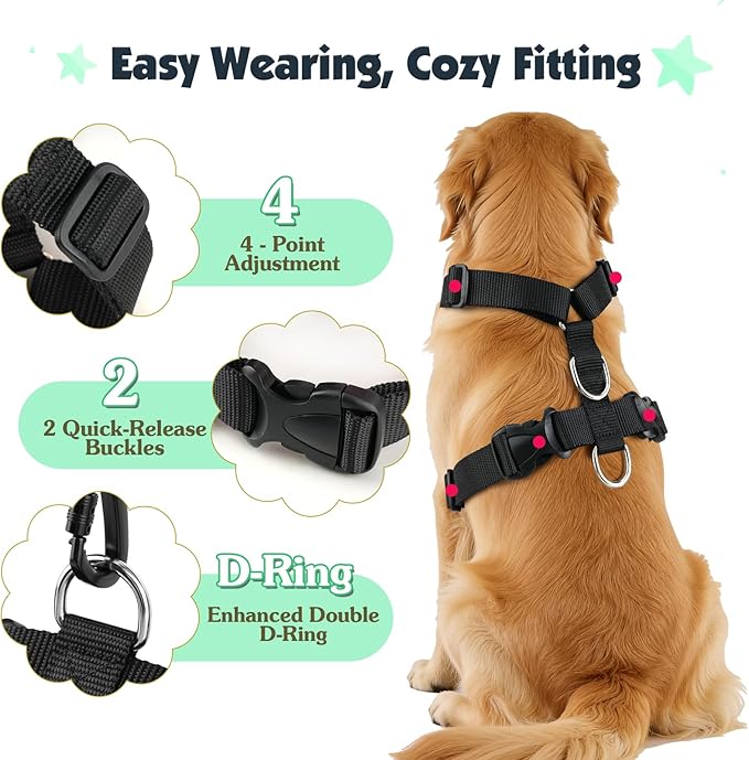 Pawaboo Dog Seat Belt Harness for Car, Dog Car Harness Seatbelt with Double Clips, Adjustable Breathable Pet Vest & Dogs Safety Tether with Elastic Bungee for Small Medium Large Pet, L, Blue + Black