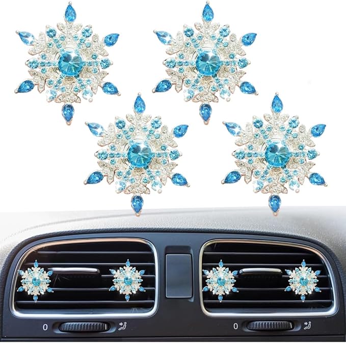 Bling 4Pcs Snowflake Air Vent Clips Car Air Freshener Outlet Clips Bling Rotatable Snowflake Car Vent Decorations Stress Relief Auto Accessories Toy Refillable (Blue)