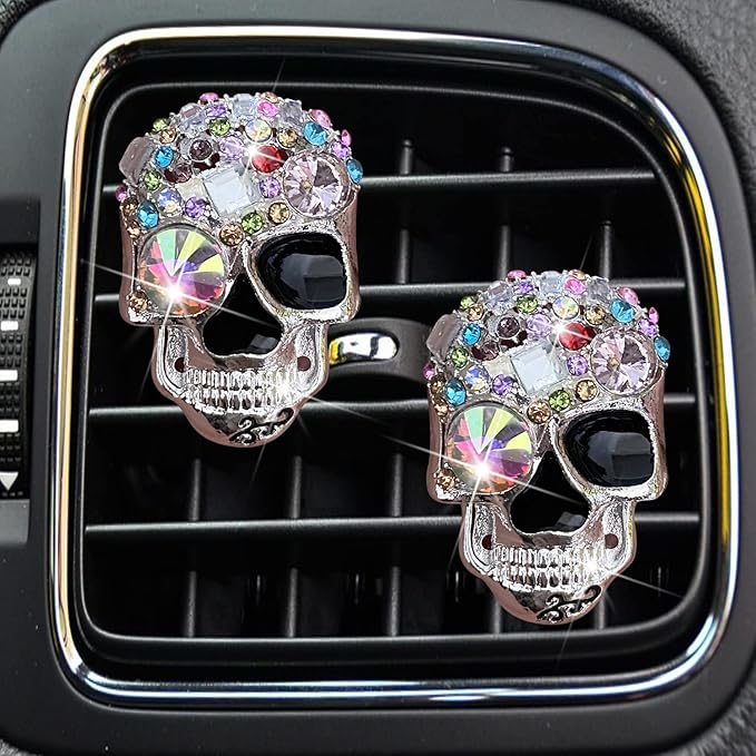 Bling Skull Air Vent Clips, 2 Pcs Crystal Skull Car Air Fresheners Vent Clips Diffuser Vent Clip Rhinestone Diamond Car Decoration Cute Interior Decor Bling Accessories for Women