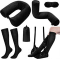 BreezeHug 4 Pcs Travel Comfort Kit with Memory Foam Travel Pillow Airplane Footrest Hammock 3D Contoured Eye Mask Compression Socks Neck Pillow for Car Flight Sleeping Support (Black)