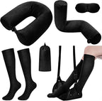 BreezeHug 4 Pcs Travel Comfort Kit with Memory Foam Travel Pillow Airplane Footrest Hammock 3D Contoured Eye Mask Compression Socks Neck Pillow for Car Flight Sleeping Support (Black)
