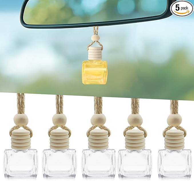 5PCS Hanging Car Air Freshener, Car Air Freshener Diffuser, 8ml Empty Glass Auto Oil Perfume Aromatherapy Diffuser Charms, Refillable Perfume Bottles for Most Vehicles (Schoolbag, Style 1)