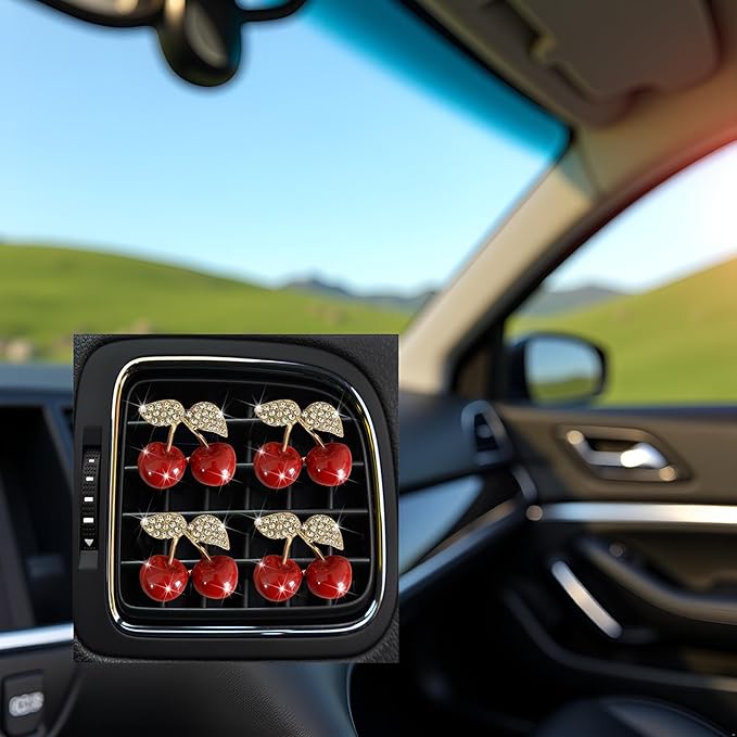 4Pcs Cherry Car Air Vent Freshener Perfume Clip, Rhinestone Air Outlet Fragrance Perfume Clip Freshener, Car Decor（Cherry Flavour）