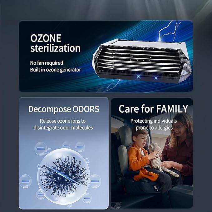 Solar-Powered Car Air Purifier with USB Charging & Ozone Odor Elimination - Portable HEPA Filter-Free Ionizer for Pet Odors, VOCs - Compact, Silent, Best for Car Use (8813 carbon fiber)