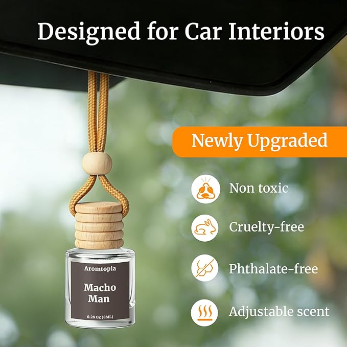 Hanging Car Air Fresheners, Aromtopia Bold Masculine Woody Fragrance for Car Diffuser, Rear View Mirror Accessories, Small Gift for Men (Macho Man), Pack of 2