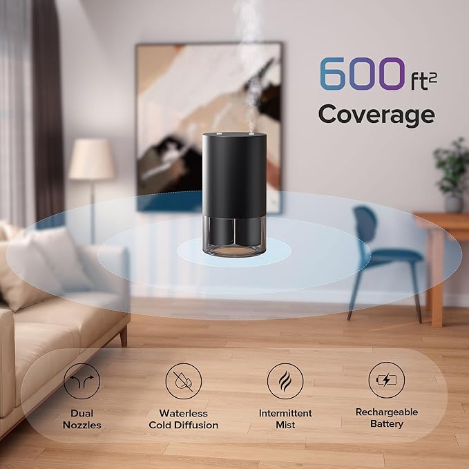 Airversa Dual-Nozzle Waterless Essential Oil Diffuser for Home Rechargeable Scent Diffusers with 5 Timer Settings, 4 Mist Levels with Vehicle Mode for Car Room Studio Office, Iron Grey Metal