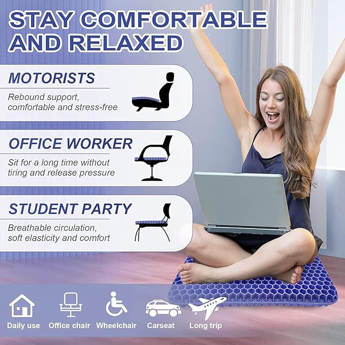 Gel Seat Cushion, 19x19inch Super Large Gel Cushion Pressure Pain Relief Seat Cushion for Long Sitting, Soft Breathable Gel Chair Pads for Home Office Wheelchair Car Seat (Blue)