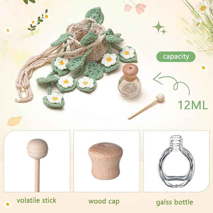 Cute Crochet Plant Car Freshener 12ml Empty Refillable Diffuser Bottle with Plants Hanging Accessories for Rearview Mirror Home Office Decor Women Mother's Day Gifts(Daisy)