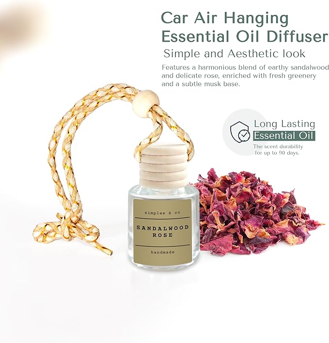 Sandalwood Rose Car Air Hanging Essential Oil, Car Air Freshener Diffuser, Long Lasting Essential Oils, Aromatherapy Vehicle Diffuser by Simplee & Co