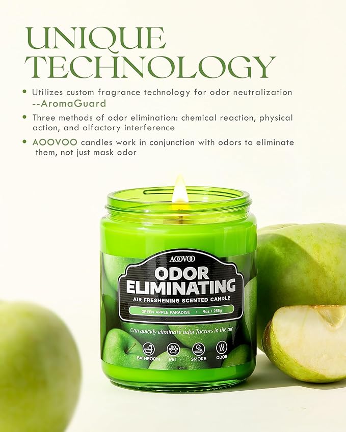 AOOVOO Green Apple Odor Eliminating Highly Fragranced Candle - Eliminates 95% of Pet, Smoke, Food, and Other Smells Quickly, Non Toxic Air Freshing Soy Candle, 9 oz Up to 50 Hours Burn time