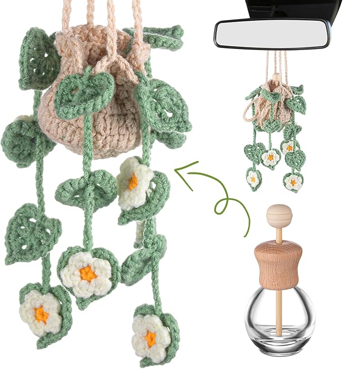 Cute Crochet Plant Car Freshener 12ml Empty Refillable Diffuser Bottle with Plants Hanging Accessories for Rearview Mirror Home Office Decor Women Mother's Day Gifts(Daisy)