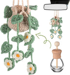 Cute Crochet Plant Car Freshener 12ml Empty Refillable Diffuser Bottle with Plants Hanging Accessories for Rearview Mirror Home Office Decor Women Mother's Day Gifts(Daisy)