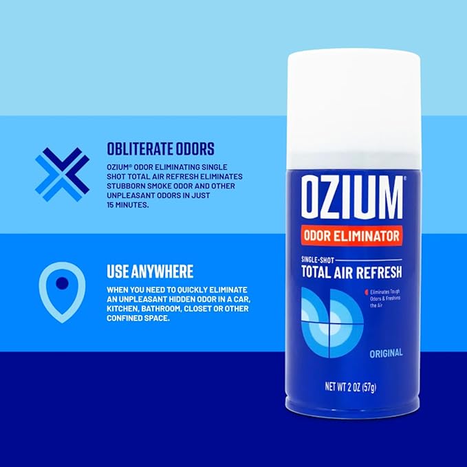 Ozium Air Sanitizer, 2 oz Car Fogger: Single-Shot Smoke Odor Eliminator & Car Air Freshener (Original+That New Car Smell+Carbon Black, 3 Pack Variety)