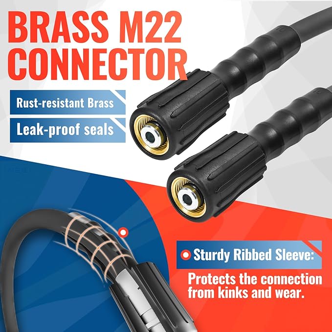 YAMATIC 3600PSI Pressure Washer Hose For Power Washer 50FT X 1/4", Kink Resistant Heavy Duty Power Washer Extension Replacement Hose With M22-14mm x 3/8" Quick Connect Kit For Gas & Electric