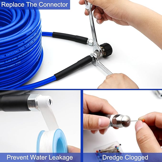 West Bay Sewer Jetter Kit 100 FT for Pressure Washer, 5800 PSI Drain Cleaner Hose 1/4 Inch NPT Corner Rotating and Button Nose Sewer Jetting Nozzle Spanner WatertightTape Pearl Corsage Pin(Blue)