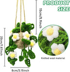 Car Hanging Ornament Cute Crochet Car Hanging Plant Basket, Knitted Boho Plant Decor, Rear View Mirror Decoration Accessories-White Flower