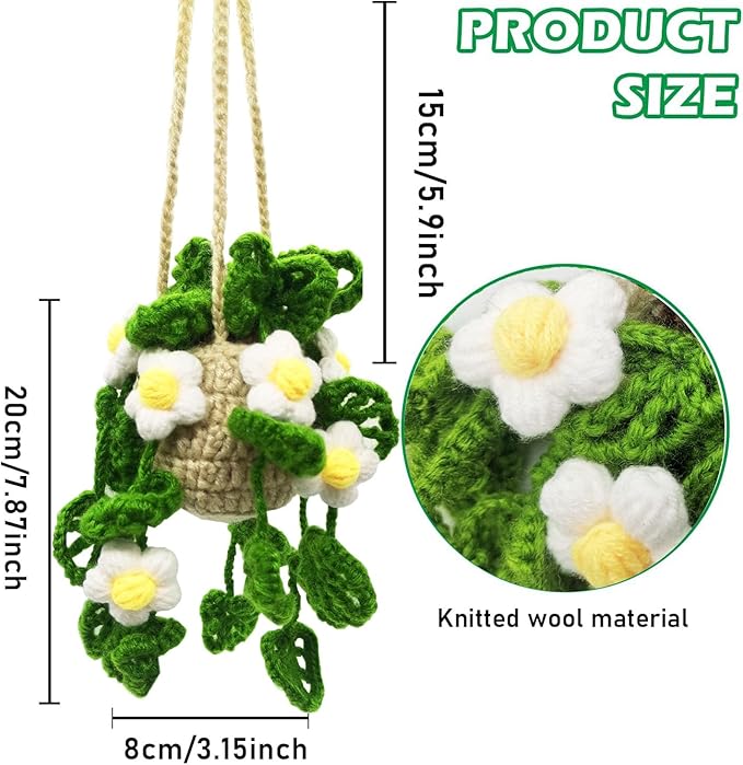 Car Hanging Ornament Cute Crochet Car Hanging Plant Basket, Knitted Boho Plant Decor, Rear View Mirror Decoration Accessories-White Flower