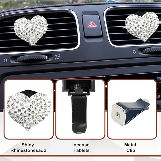 2 Pieces Bling Crystal Heart Car Vent Clips Sparkling Air Freshener and Decorative Accessories for Women Men SUV Truck (White)
