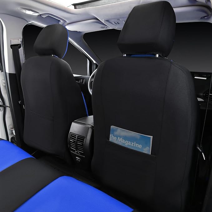 CAR PASS Leather Car Seat Covers Front Seats Only, Universal Fit Automotive Interior Waterproof 3D Foam Back Support Car Seat Covers for Trucks Vans and SUVs Airbag Compatible 2 Pieces Black Blue