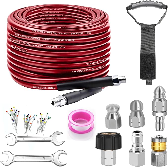 Sewer Jetter Kit for Pressure Washer, 100FT Drain Cleaner Hose 5800PSI with 1/4 Inch NPT Corner, Rotating Nozzle and 4 Different Button Nose Sewer Jet Nozzles, Waterproof Tape and 2 Spanners（Red）
