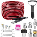 Sewer Jetter Kit for Pressure Washer, 100FT Drain Cleaner Hose 5800PSI with 1/4 Inch NPT Corner, Rotating Nozzle and 4 Different Button Nose Sewer Jet Nozzles, Waterproof Tape and 2 Spanners（Red）
