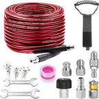 Sewer Jetter Kit for Pressure Washer, 100FT Drain Cleaner Hose 5800PSI with 1/4 Inch NPT Corner, Rotating Nozzle and 4 Different Button Nose Sewer Jet Nozzles, Waterproof Tape and 2 Spanners（Red）