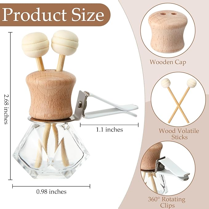 Zubebe 90 Pack 8 ml Diamond Essential Oil Diffuser Bottle Bulk Car Air Freshener Vent Clip Auto Perfume Vent Diffuser for Aromatherapy Fragrance Ornament Decor, Glass Bottle with Wooden Caps Stick