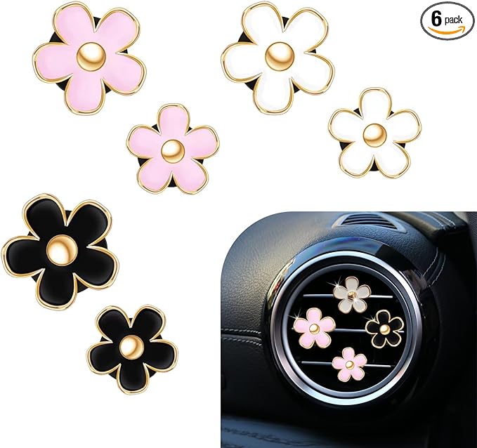 6PCS Daisy Flower Air Vent Clip, Cute Car Air Fresheners Clips, Refillable Auto Air Conditioning Outlet Clips Diffuser, Air Vents Decorations for Women and Girl (Black, White, Pink)
