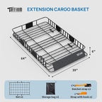 TUFFIOM 250lbs 64 x 39 x 6 inch Extendable Roof Top Cargo Carrier Basket w/Net+Storage Bag+Straps, Heavy Duty Rooftop Luggage Holder Steel Rack for SUV Car Truck Van Travel Camping