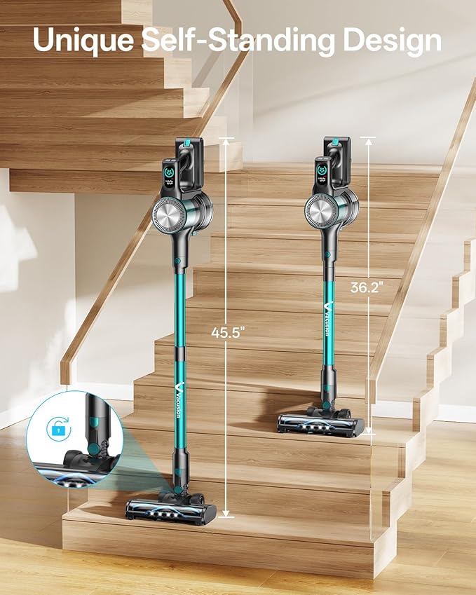 Cordless Vacuum Cleaner, 8-in-1 Cordless Stick Vacuum Cleaner with 3 Suction Modes, Up to 45mins Runtime, Rechargeable, Self-Standing, Vacuum Cleaners for Home Pet Hair Carpet Car Hard Floor, Green