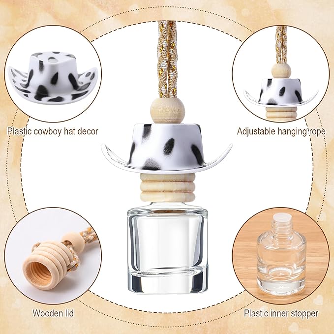 3 Pieces Cowboy Hat Car Air Freshener Hanging Cow Print Diffuser Bottles Western Country Refillable Empty Glass Perfume Bottle Car Interior Rear View Mirror Accessories (White, Spots, Pink)