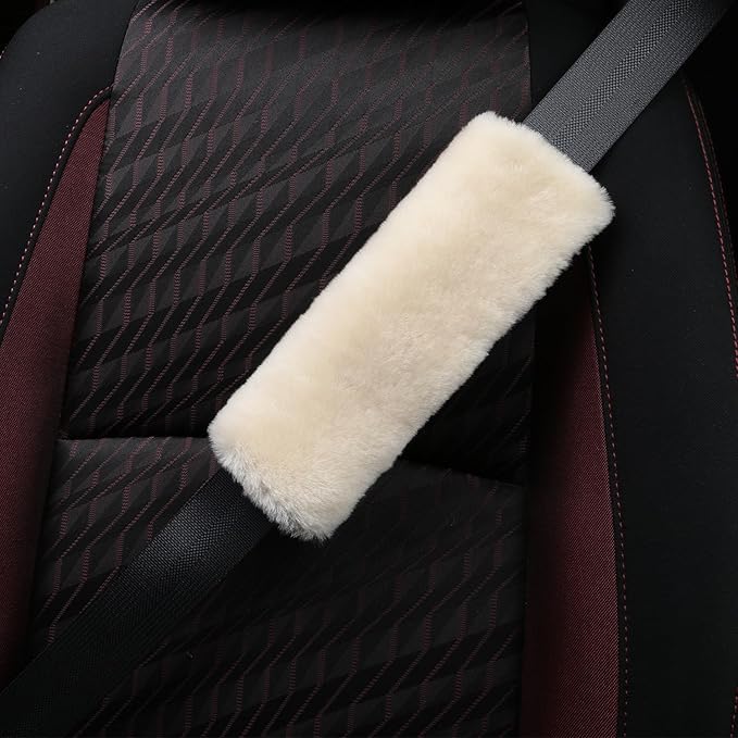 Soft & Cozy Australian Sheepskin Car Seat Belt Covers,2 Pack Fluffy Seatbelt Pads, Genunie Sheepskin Fur Shoulder Straps Cushions for Adults Kids Women and Men (Pearl)