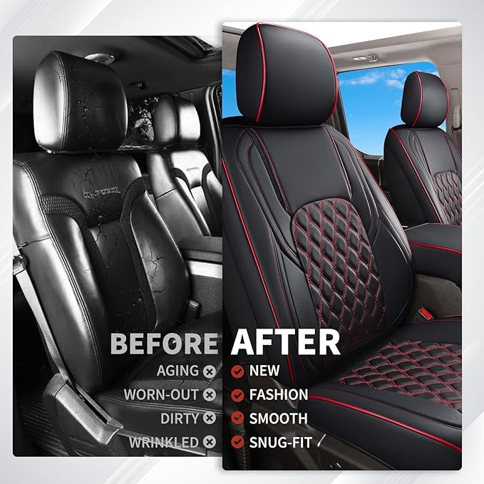 Huidasource Tacoma Seat Cover Front & Rear, Full Coverage Waterproof Leather Custom Cover Fit for 2016-2023 Double & Crew Cab Toyota Tacoma SR SR5 Limited TRD Sport/Pro/Off Road (Full Set/Black&Red)