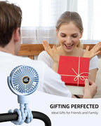 Portable Stroller Mini Fan, Small Rechargeable Personal Fan, Travel Essentials for Baby, Wagon, Car Seat, Treadmill, Battery Powered Biking Gear Accessories, 360° Rotation, 3-Speed, Display