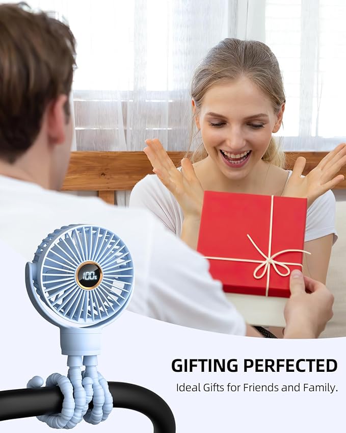 Portable Stroller Mini Fan, Small Rechargeable Personal Fan, Travel Essentials for Baby, Wagon, Car Seat, Treadmill, Battery Powered Biking Gear Accessories, 360° Rotation, 3-Speed, Display